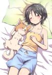  1girl :3 absurdres animal black_hair blush camisole chihuahua chikuwa_(yurucamp) closed_eyes dog highres lying midriff n2midori navel on_back petting saitou_ena short_hair short_shorts shorts sleeping yurucamp 