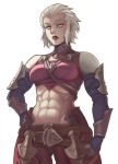  1girl abs armor bloopiest brown_gloves clenched_hand final_fantasy final_fantasy_xiv gloves grey_hair hair_slicked_back hand_on_hip highres merlwyb_bloefhiswyn muscle muscular_female navel parted_lips red_lips roegadyn short_hair simple_background slit_pupils solo turtleneck white_background yellow_eyes 