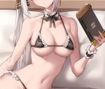  1girl bikini black_bikini breasts cleavage detached_collar food_girls head_out_of_frame head_tilt highres large_breasts long_hair maid_bikini navel nintendo_switch oopartz_yang side_ponytail sidelocks silver_hair skindentation solo string_bikini swimsuit wrist_cuffs 