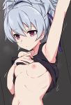  1girl arm_up armpits bare_shoulders breasts breasts_outside closed_mouth commentary_request darker_than_black expressionless hair_ribbon hand_on_own_chest highres kuro_mushi looking_away looking_down motion_lines navel nipples purple_eyes purple_ribbon ribbon short_hair silver_hair sleeveless small_breasts solo strap_slip tank_top_lift upper_body yin_(darker_than_black) 