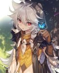  1boy antenna_hair bangs blue_butterfly brown_gloves bug butterfly butterfly_on_hand dated eyebrows_visible_through_hair facial_scar fur_trim genshin_impact gloves grey_hair hair_between_eyes highres hood hood_up insect long_hair male_focus minatsuki_(lapislazzuli169) parted_lips razor_(genshin_impact) red_eyes scar solo tree twitter_username 