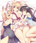  3girls animal_ear_fluff animal_ears artist_name ass babydoll back bangs bare_shoulders bed_sheet black_babydoll black_hair blonde_hair blue_babydoll blue_eyes blush breast_grab breast_press breasts closed_mouth commentary_request eyebrows_visible_through_hair flower fox_ears frilled_panties frills girl_sandwich grabbing hair_flower hair_ornament hair_ribbon half-closed_eyes kneeling konoha_(nozomi_tsubame) large_breasts leaning_forward long_hair looking_at_viewer looking_back lying multiple_girls navel no_panties nozomi_tsubame on_back on_bed on_side one_eye_closed open_mouth original panties pillow pink_babydoll ribbon sandwiched small_breasts smile strap_slip suzuha_(nozomi_tsubame) underwear white_panties yukiha_(nozomi_tsubame) 