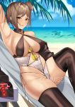  1girl arm_up armpits artist_name black_legwear breasts brown_hair brown_swimsuit closed_mouth commission condom eyebrows_visible_through_hair eyewear_switch girls_frontline hair_bun highres lilycious looking_at_viewer lying medium_breasts medium_hair on_back p90_(girls_frontline) red_eyes side_bun solo swimsuit thighhighs thighs tongue tongue_out 