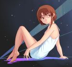  1girl asymmetrical_hair barefoot brown_eyes brown_hair closed_mouth dress hair_ornament hairclip highres iwakura_lain looking_at_viewer seki_sage serial_experiments_lain short_hair sitting sleeveless solo white_dress x_hair_ornament 