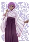  1girl bangs blush bow closed_mouth dark_skin eyebrows_visible_through_hair fate/prototype fate/prototype:_fragments_of_blue_and_silver fate_(series) hakama hassan_of_serenity_(fate) highres i.u.y japanese_clothes kimono long_sleeves looking_at_viewer purple_bow purple_eyes purple_hair purple_hakama sidelocks smile solo striped vertical-striped_kimono vertical_stripes wide_sleeves 