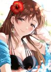  1girl arm_behind_head bikini black_bikini blush bracelet breasts brown_eyes brown_hair cleavage close-up earrings eyebrows_visible_through_hair flower gen_(enji) hair_flower hair_ornament hairclip highres idolmaster idolmaster_cinderella_girls idolmaster_cinderella_girls_starlight_stage jewelry long_hair looking_at_viewer medium_breasts nitta_minami smile solo swimsuit 