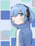  1girl ;) antenna_hair bangs blue_hair blue_jacket blush chart closed_mouth commentary_request ene_(kagerou_project) eyebrows_visible_through_hair facial_mark from_side green_eyes hair_between_eyes headphones highres jacket kagerou_project looking_at_viewer looking_to_the_side one_eye_closed smile solo stratosphere_(coom1017) two_side_up upper_body 