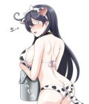  1girl ahoge animal_ears animal_print bikini black_hair breasts butt_crack commentary_request cow_ears cow_girl cow_horns cow_print cow_tail cowboy_shot dated fake_animal_ears horns kantai_collection large_breasts long_hair milk_churn signature simple_background solo swimsuit tail tears tk8d32 translation_request ushio_(kantai_collection) white_background 