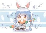  1girl :t animal_ear_fluff animal_ears bangs black_gloves blue_hair blush braid breasts bunny_ears carrot carrot_hair_ornament chibi closed_mouth coat commentary_request eating extra_ears eyebrows_visible_through_hair food food_on_face food_themed_hair_ornament gloves hair_ornament highres holding holding_food hololive long_braid long_hair looking_at_viewer multicolored_hair open_mouth pantyhose rabbit_girl sitting solo thick_eyebrows translation_request twin_braids two-tone_hair usada_pekora virtual_youtuber white_coat white_hair yumoto_motoyu 