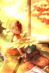  2girls absurdres animal_ears architecture autumn_leaves besuteia bird bird_wings blonde_hair blurry blurry_background blush brown_dress chick commentary_request dress east_asian_architecture feathered_wings green_hair highres kasodani_kyouko long_sleeves looking_at_viewer looking_back lying multicolored_hair multiple_girls niwatari_kutaka on_side open_mouth outdoors puffy_short_sleeves puffy_sleeves red_hair short_hair short_sleeves sitting sleeping smile tail tatami touhou twilight two-tone_dress two-tone_hair veranda wings yellow_eyes yellow_sky 