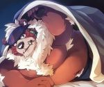  2020 anthro bedding belly blanket boar_stag144 brown_body brown_fur clothing fur hi_res humanoid_hands kemono kimun_kamui_(tas) loincloth male mammal moobs navel overweight overweight_anthro overweight_male solo tokyo_afterschool_summoners ursid video_games 