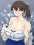  1girl bangs blue_hakama blush breasts brown_hair eyebrows_visible_through_hair grey_background hakama japanese_clothes kaga_(kantai_collection) kantai_collection kimono kimono_pull large_breasts lips parted_lips ponytail shingyou_(alexander-13) side_ponytail simple_background solo steam sweat upper_body yellow_eyes 
