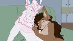  16:9 animated anthro brown_body brown_fur brown_hair canid canine canis colored cuddling dragon duo eyes_closed female fur furniture furred_dragon hair hi_res hybrid lagomorph leporid male male/female mammal rabbit rubbing_chest short_playtime sofa white_body white_fur widescreen wolf wunp 