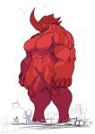  2020 abs ambient_bird anthro avian big_breasts bird black_eyes breasts building city cityscape conditional_dnp female horn jollyjack kaiju mammal muscular muscular_anthro muscular_arms muscular_female muscular_legs pupils red_body red_skin restricted_palette rhinocerotoid slit_pupils solo 