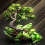  bonsai cluseller commentary_request crystal green_theme grey_background light_particles light_rays no_humans original partial_commentary peridot_(gemstone) reflection rock shiny simple_background still_life tree 