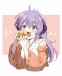  1girl blush commentary cream cream_on_face cream_puff detached_sleeves eating eyebrows_visible_through_hair food food_on_face hanyuu highres higurashi_no_naku_koro_ni holding holding_food horns japanese_clothes long_hair miko open_mouth pink_background purple_eyes purple_hair shiny shiny_hair shosudo simple_background solo translated upper_body upper_teeth white_background 