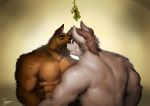  abs anthro biceps bovid bovine brown_body brown_fur canid canine canis cattle domestic_dog duo eyes_closed facial_hair fur german_shepherd goatee herding_dog horn kissing male male/male mammal mistletoe muscular muscular_male nude pastoral_dog pecs plant romantic sirtoastybuns white_body white_fur 