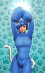  absurd_res animal_humanoid arm_cannon armor blue_eyes blue_hair capcom cat_humanoid cosplay darkstalkers ed-miranda energy felicia_(darkstalkers) felid felid_humanoid feline feline_humanoid female fur hair hi_res humanoid mammal mammal_humanoid mega_man_(character) mega_man_(series) pattern_background pawprint_background simple_background smile super_gem_fighter_mini_mix video_games white_body white_fur 