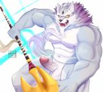  2020 anthro balls biped canid canine canis erection fur genitals grey_body grey_fur grey_tail hi_res holding_mace holding_object holding_weapon law_(sdorica_sunset) mace male mammal melee_weapon multicolored_body multicolored_fur muscular muscular_anthro muscular_male navel nipples open_mouth pecs penis pkylblu sdorica two_tone_body two_tone_fur weapon white_body white_fur wolf 