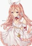 absurdres atelier_live bangs bare_shoulders braid breasts closed_mouth dress eyebrows_visible_through_hair highres indie_virtual_youtuber large_breasts open_mouth petals pink_hair pinku red_eyes ribbon shizukodesu virtual_youtuber white_background white_dress white_ribbon 