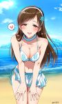  1girl :d bangs bare_shoulders beach bikini blue_bikini blush breasts brown_eyes brown_hair cleavage collarbone day eyebrows_visible_through_hair gen_(enji) hairband heart highres idolmaster idolmaster_cinderella_girls large_breasts long_hair looking_at_viewer midriff navel nitta_minami open_mouth smile solo spoken_heart swept_bangs swimsuit white_hairband 