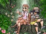  2girls animal_ears armadillo_ears armor armored_skirt black_hair blonde_hair boots bracer closed_eyes collared_shirt commentary_request crossed_arms day elbow_pads extra_ears flower full_body giant_armadillo_(kemono_friends) giant_pangolin_(kemono_friends) hand_up hat kemono_friends knee_up kneepits long_hair looking_up medium_hair medium_skirt miniskirt multiple_girls necktie open_mouth outdoors ozora_tetsu pangolin_ears pangolin_tail plant pleated_skirt shirt shoes short_sleeves shoulder_armor sidelocks sitting skirt sneezing snot sweater_vest tail tree_stump water_drop wing_collar 