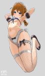  1girl arm_cuffs armpits arms_up baba_konomi bare_shoulders black_footwear blue_eyes blush braid breasts brown_hair bunny_tail commentary fishnet_legwear fishnets full_body grey_background halterneck highres idolmaster idolmaster_million_live! long_hair looking_at_viewer midriff myeolchi navel panties single_braid small_breasts solo spaghetti_strap sweatdrop tail thigh_strap thighhighs underwear underwear_only white_legwear white_panties 