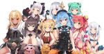  6+girls :d :o ahoge akai_haato alternate_costume amane_kanata animal_ears bangs bare_shoulders bikini black_dress black_headwear black_ribbon blonde_hair blue_eyes blue_hair blunt_bangs blush bow breasts brown_hair brown_legwear cat_ears cleavage closed_mouth double_bun dress fake_animal_ears flat_chest gawr_gura green_eyes green_hair grey_hair hair_bow hair_ornament hair_ribbon hairclip hat heart heart_hair_ornament highres hololive hololive_english knees_up kobi_(piliheros2000) large_breasts long_hair long_sleeves looking_at_viewer medium_breasts multicolored_hair multiple_girls murasaki_shion natsuiro_matsuri open_mouth orange_eyes orange_legwear pantyhose pig pink_bow pink_hair pointy_ears red_bow red_dress red_eyes red_hair ribbon sailor_collar shiny shiny_hair shiranui_flare short_sleeves sitting skull_hair_ornament smile socks star_(symbol) star_hair_ornament stomach streaked_hair stuffed_toy swimsuit twintails two_side_up upper_teeth uruha_rushia virtual_youtuber white_background white_hair x_hair_ornament 