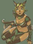  1girl animal_ear_fluff animal_ears avatar_(ff11) bangs blonde_hair blue_eyes breasts brown_gloves cat_ears cat_girl cat_tail cleavage dark-skinned_female dark_skin elbow_gloves final_fantasy final_fantasy_xi fingerless_gloves gloves green_background loincloth looking_up medium_breasts mithra_(ff11) navel no_eyebrows open_mouth parted_bangs short_hair short_twintails simple_background sitting solo tail toeless_footwear twintails yokozuwari yuccoshi 
