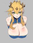  1girl ahoge artoria_pendragon_(all) artoria_pendragon_(lancer) blonde_hair blush breasts bright_pupils cleavage crown fate/grand_order fate_(series) funaya_(a2brasd) green_eyes grey_background hair_between_eyes highres huge_breasts lips looking_at_viewer parted_lips sidelocks simple_background solo sweat upper_body white_pupils 