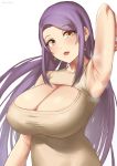  1girl arm_up armpits beige_shirt breasts brown_eyes cleavage cleavage_cutout clothing_cutout eyebrows_visible_through_hair kirinkirin large_breasts long_hair mature mole mole_under_eye mole_under_mouth open_mouth original presenting_armpit purple_hair shirt sleeveless sleeveless_shirt white_background 