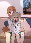  2girls alternate_costume bangs black_neckwear black_ribbon blouse blush brown_eyes brown_hair censored commentary_request couch english_commentary eyebrows_visible_through_hair girls_und_panzer green_skirt hair_ribbon highres holding holding_microphone hug hug_from_behind hyunjjing indoors knees_together_feet_apart korean_commentary korean_text light_brown_hair long_hair long_sleeves looking_at_viewer meta microphone miniskirt mosaic_censoring motion_lines multiple_girls neckerchief nishizumi_miho on_couch one_side_up ooarai_school_uniform open_mouth panties pantyshot pillow pleated_skirt poster_(object) ribbon sailor_collar school_uniform serafuku shimada_arisu short_hair sitting sitting_on_lap sitting_on_person skirt smile translation_request underwear white_blouse white_panties white_sailor_collar yuri 