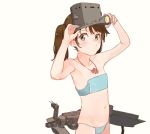  1girl absurdres arms_up bangs blue_panties blush brown_eyes brown_hair co_botan eyebrows_visible_through_hair flat_chest grey_headwear hat highres jewelry kantai_collection machinery magatama magatama_necklace necklace nipple_slip nipples o3o panties rigging ryuujou_(kantai_collection) simple_background solo tube twintails underwear visor_cap yellow_background 