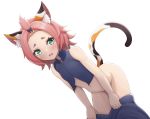  1girl alfort_(may0508) animal_ears bare_arms bare_shoulders bent_over blush cat_ears cat_tail diona_(genshin_impact) flat_chest genshin_impact green_eyes hair_ornament highres looking_at_viewer navel no_panties open_mouth pink_hair shirt short_hair shorts shorts_pull simple_background sleeveless sleeveless_shirt solo tail undressing white_background 
