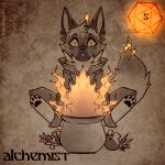 alchemist alchemy ambiguous_gender anthro clothing cooking_pot dice ears_up fire fluffy fluffy_tail halloween hi_res holidays ingredients mammal open_mouth pawpads paws sitting solo tail tail_on_fire wide_eyed wysdrem