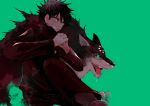  1boy animal bangs basara_masa black_hair black_jacket black_pants claws drooling familiar feet_out_of_frame fushiguro_megumi gakuran green_background green_eyes grin hair_between_eyes hands_clasped hands_up high_collar jacket jujutsu_kaisen leg_up long_sleeves looking_away male_focus open_mouth own_hands_together pants school_uniform signature simple_background smile solo spiked_hair wolf 