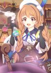  1girl absurdres alchemy belt beret black_gloves blue_gemstone blue_ribbon book bookshelf braid brown_belt brown_eyes brown_hair dress feather_hair_ornament feathers gem gloves hair_ornament hat highres holding holding_test_tube indoors long_hair natsu_(pixiv91352603) nozomi_(alchemist)_(princess_connect!) nozomi_(princess_connect!) open_mouth princess_connect! ribbon smile solo test_tube twin_braids white_hat 