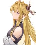  1girl absurdres arknights bangs bare_shoulders blonde_hair eyebrows_visible_through_hair from_side highres horns leizi_(arknights) long_hair looking_at_viewer purple_eyes simple_background solo upper_body uzurako white_background 