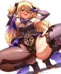  1girl ass bangs bare_shoulders blonde_hair blush bodystocking boots bow breasts eyepatch fischl_(genshin_impact) garter_straps genshin_impact gloves green_eyes hair_over_one_eye highres long_hair looking_at_viewer magukappu open_mouth purple_bow purple_neckwear simple_background single_leg_pantyhose single_thighhigh small_breasts smile spread_legs squatting sweat thighhighs two_side_up v white_background 