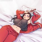  1girl arms_up artist_name bed breasts brown_hair cocopeace covered_nipples demi-chan_wa_kataritai eyewear_removed jacket large_breasts long_hair lying navel on_back on_bed open_mouth pants pillow purple_eyes red_jacket red_pants satou_sakie solo track_jacket 