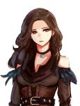  1girl belt black_choker black_eyes black_hair black_scarf breasts choker corset fantasy long_hair looking_to_the_side medium_breasts mole mole_under_mouth ombre_t red_lips scarf shoulders solo the_witcher upper_body white_background yennefer 
