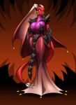  anthro big_breasts breasts cleavage clothed clothing dragon dress female hand_on_hip headdress hi_res horn huge_breasts lipstick long_tail looking_aside makeup multicolored_body purple_body purple_skin red_body red_skin scales simple_background solo standing toughset 