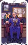  1boy ace_attorney ace_attorney_investigations ace_attorney_investigations_2:_prosecutor's_gambit ascot bird blue_jacket blue_pants blue_vest book bulletin_board cane card_(medium) cup delicy_scone desk desk_lamp flower full_body gold_trim hawk high_collar holding holding_cane hyoudou_isaki jacket kazami_yutaka lamp male_focus manfred_von_karma old old_man on_chair pants picture_frame saginoko sheep sitting solo tarot tarot_(medium) teacup tenkai_issei the_emperor_(tarot) vest white_ascot white_hair 