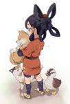  1girl animal bird black_eyes black_hair blush cat commentary_request dog duck from_behind full_body hair_bun hair_rings hair_tubes holding holding_animal holding_dog japanese_clothes long_hair mattaku_mousuke open_mouth sakuna-hime sandals simple_background smile standing tensui_no_sakuna-hime twitter_username 