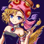  1girl armband bandana black_shirt blonde_hair blue_eyes cape final_fantasy final_fantasy_vi gem hand_up headscarf hiroita holding holding_paintbrush jingle_bell_earrings looking_at_viewer lowres paintbrush pink_bandana pixel_art red_gemstone relm_arrowny shirt smile solo strapless strapless_shirt tassel tassel-trimmed_cape yellow_cape 