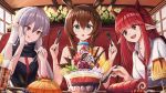  3girls :d :q amiya_(arknights) animal_ears arknights bangs bare_arms bare_shoulders blue_eyes bowl braid brown_hair bunny_ears cake commentary crown_braid cup drinking_glass drinking_straw eyebrows_visible_through_hair food fork hair_between_eyes hands_up highres holding holding_fork holding_spoon horns ichi10art indoors jewelry long_hair multiple_girls neck_ring open_mouth pointy_ears pudding red_eyes red_hair red_neckwear shirt silver_hair sleeveless smile spoon swiss_roll tongue tongue_out upper_body vigna_(arknights) warfarin_(arknights) white_shirt 