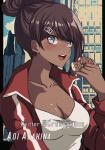  1girl asahina_aoi bangs blue_eyes blush breasts brown_hair cleavage collarbone commentary criis-chan danganronpa danganronpa_1 dark_skin dark_skinned_female doughnut eating food hair_ornament hairclip hand_up high_ponytail holding jacket large_breasts long_hair long_sleeves looking_at_viewer medium_breasts open_clothes open_jacket open_mouth outdoors ponytail red_jacket short_hair smile solo symbol_commentary track_jacket twitter_username upper_body upper_teeth 