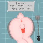  1:1 absurd_res anthro anus balls buttplug drpepperscalie english_text erection free_use fur genitals glory_hole hi_res lagomorph leporid male mammal pink_body pink_fur public_use rabbit sex_toy sign solo text through_wall 