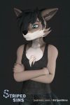  3d_(artwork) anthro blue_eyes bottomwear canid canine canis chest_tuft clothing crossed_arms denim denim_clothing digital_media_(artwork) dray_(striped_sins) emo emo_hair jeans male mammal pants shirt solo striped_sins tank_top text topwear tuft url willitfit wolf 