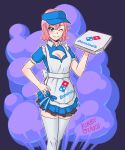  1girl artist_name blush breasts cleavage cleavage_cutout closed_mouth clothing_cutout domino&#039;s_pizza eyebrows_visible_through_hair hand_on_hip highres kirby_otaku looking_at_viewer medium_breasts one_eye_closed original pink_hair pizza_box short_hair short_sleeves smile solo thighhighs white_legwear 